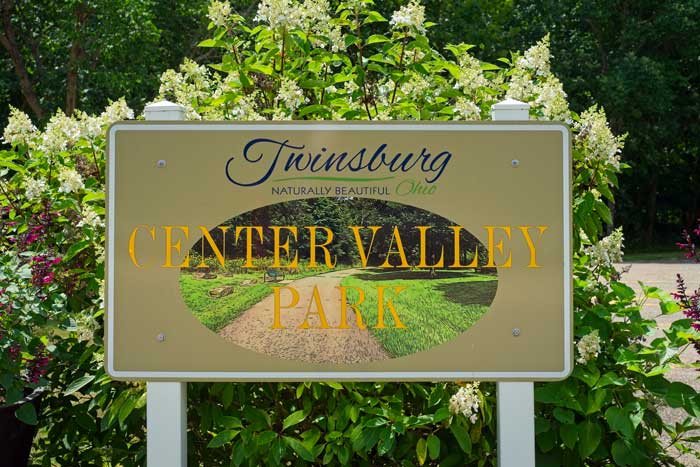 Welcome sign in the park in Twinsburg where we offer garage door repair and installation services