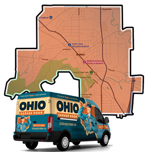 Garage door repair and installation service area map for Bedford, Ohio