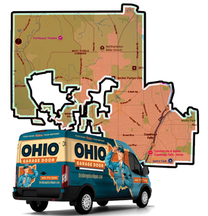 Garage door repair service area map for Cuyahoga Falls, Ohio