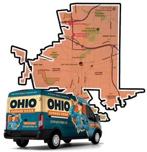 Garage door repair service area map for Elyria, Ohio