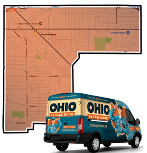 Garage door repair and installation service area map for Maple Heights, Ohio
