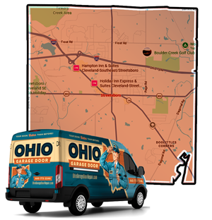 Garage door repair service area map for Streetsboro, Ohio